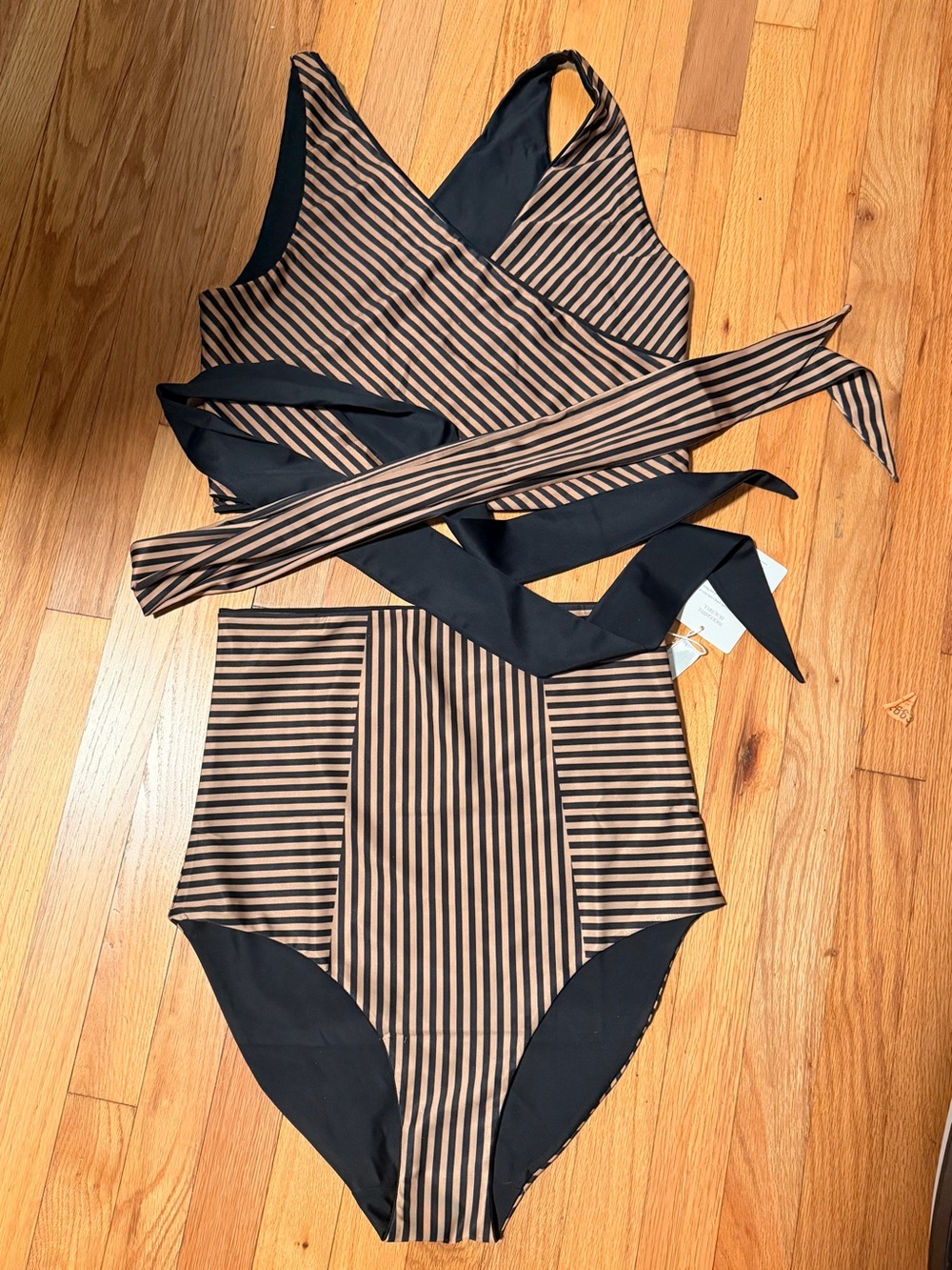 Baiia Valencia Striped Black and Tan  Swimsuit with Wrap NWT AU 18/US 14